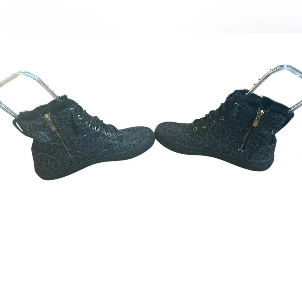 Sperry Black Leopard Crest Vibe Canvas Hightop Sneaker Fur Booties Women’s 7.5M